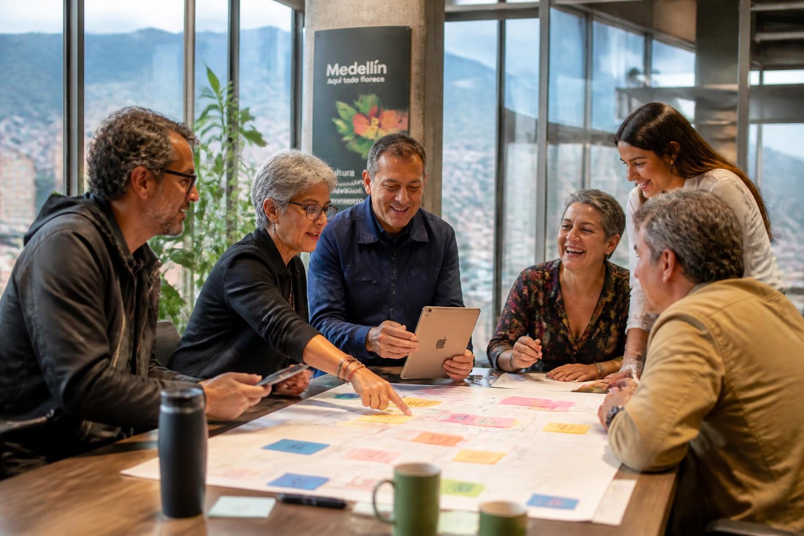 Personas de 50 y 60 años trabajando juntas alrededor de una mesa con notas de colores, con Medellín al fondo